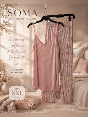 Soma Blush Pink 2PC Lounge Set XXL Cami & Full Length Pants Soft Stretch Pajamas